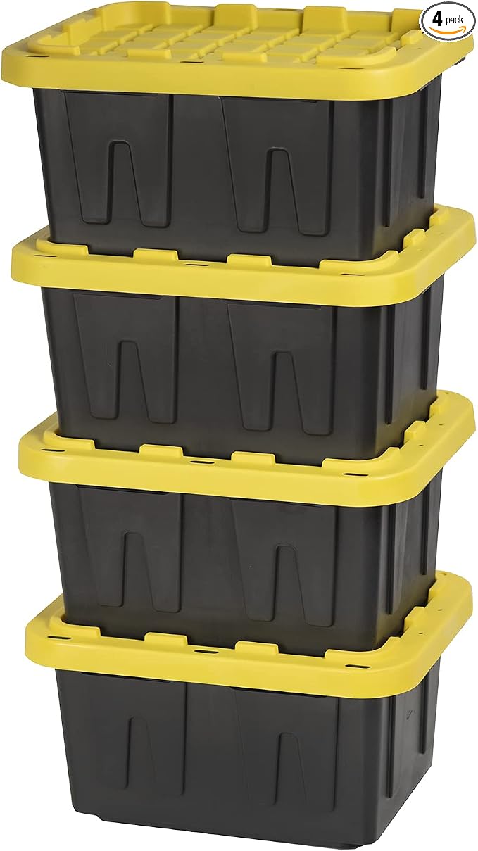 BLACK & YELLOW 5-Gallon Tough Storage Containers with Lids, Stackable, Extremely Durable, [4-Pack]