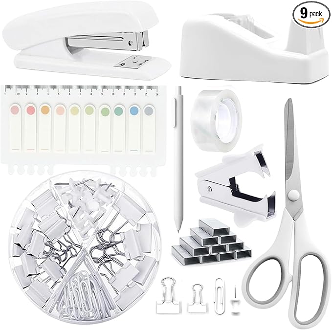 Office Supplies,Desk Accessories,Tape Holder,Stapler,Scissor,Staple Remover,Box of Binder Clips,Staples,Ballpoint Pen,Lndex Tabs,Clear Tape,Office Supplies Set(White)
