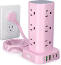 Power Strip Tower with Multiple Outlets, Flat Plug Surge Protector Tower Extension Cord with 12 AC Outlets 4 USB Ports (2 USB C), 6FT Cord Power Tower Surge Protector for Home Office Dorm Room, Pink