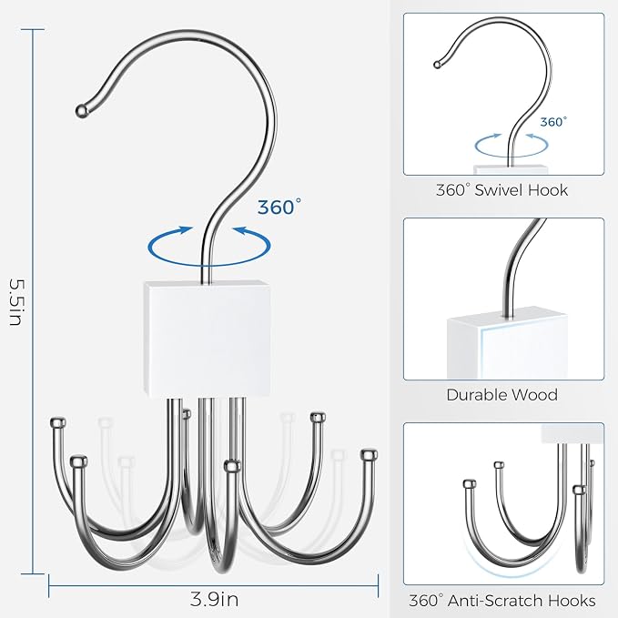 Belt Rack Hanger, Belt Hanger Organizer for Closet 360° Rotatable Max 24 Ties/24 Belts Storage Space Saving Closet Organizers and Storage for Belt, Bra, Tank Top, Tie, Scarf, Purse 2Pcs White