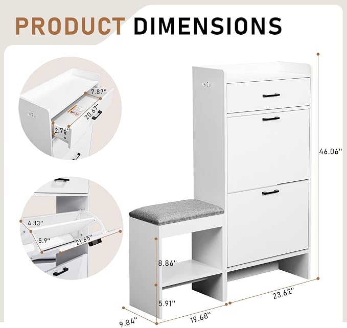 Karl home White Farmhouse Shoe Cabinet, Cushioned Entryway Bench Organizer | Narrow Slim Freestanding Shoe Rack Featuring 2 Flip Drawers and Top Flip Drawer, Ideal for Entryway, Living Room