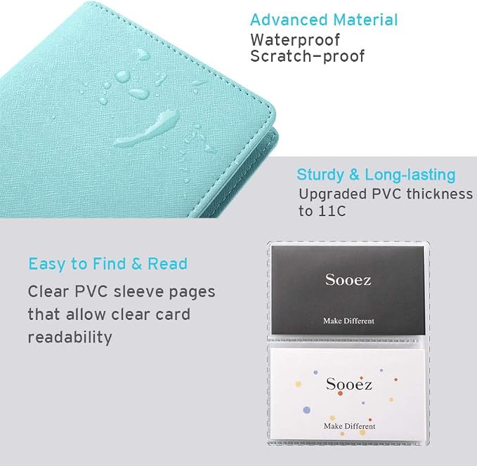 Sooez Leather Professional Business Card Book Holder Organizer, 240 Capacity Credit Card Booklet, PU Name Cards Holder Storage File for Men Women, 7.7"x 4.5" x 0.7", Mint Green