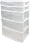 HOMZ Drawer Tower, 5-Tier Extra-Wide Clear Plastic Storage Organizer Cart, White Frame - Organizing Containers for Home, Office, Bathroom, Bedroom, and Classroom