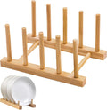 Bamboo Dish Drying Rack for Kitchen Counter, 4 Slots Plate Organizer Stand for Cups Cutting Board Pot Lid Books, Space Saving Bamboo Rack for Cabinet Display
