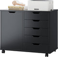 DUMOS 5 Drawer File Cabinet Office Drawers Organizer with Wheels, Under Desk Cabinets with Shelves and Door Printer Stand with Wood Board Metal Frame for Home Office Storage Craft Room, Classic Black