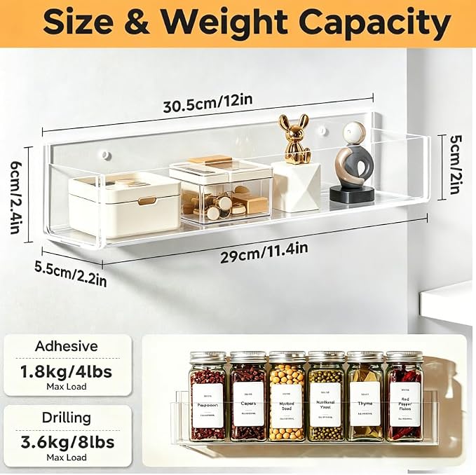 4-Tier Acrylic Wall Mount Spice Rack, Spice Organizer with 24 Glass Jars, 216 Labels & Funnel, Adhesive & Screw Mount Clear Spice Storage for Kitchen Pantry Cabinet, 12”W x 2.2”D x 2.4”H