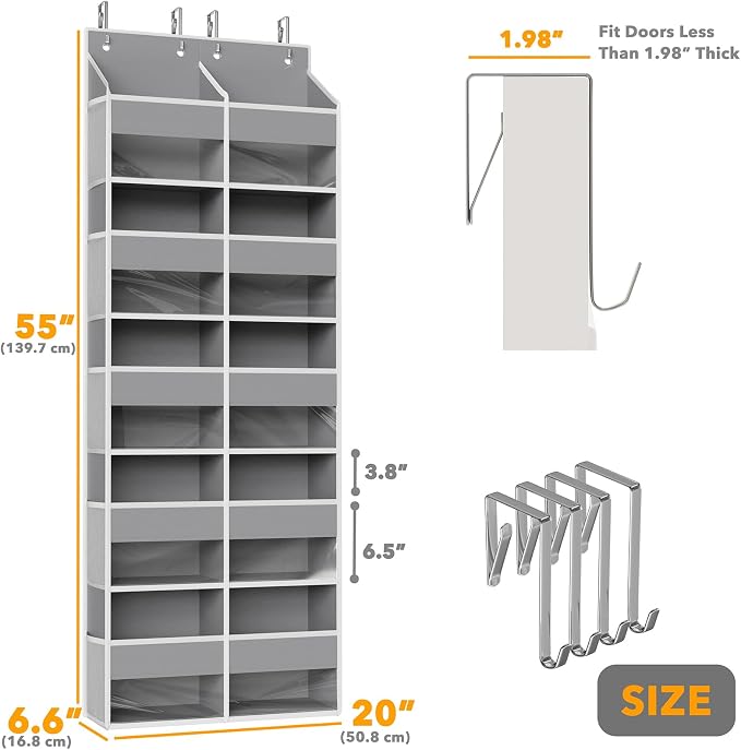 SpaceAid Extra Large Over The Door Organizer with 10 Large Pockets and 10 Mesh Side Pockets, 5 Layers Door Organizer Hanging with Clear Window for Bedroom, Bathroom, Pantry and Nursery, Gray