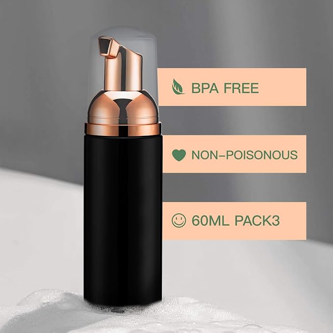Travel Foam Pump Bottle - 2oz Small Size Foaming Hand Soap Dispenser - Mini Portable Mousse Lash Shampoo Kit Container for Hair - Empty Leak Proof Plastic Rose Gold &Black Foamer 3Pack