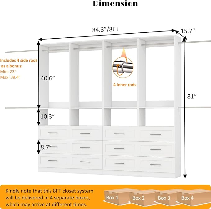 Closet System with 12 Drawers, 8FT-21FT Closet Organizer System Wooden Walk-in Closet Shelf Corner Small Closets Storage System with 8 Hanging Rods Modular Freestanding White, 3Sets