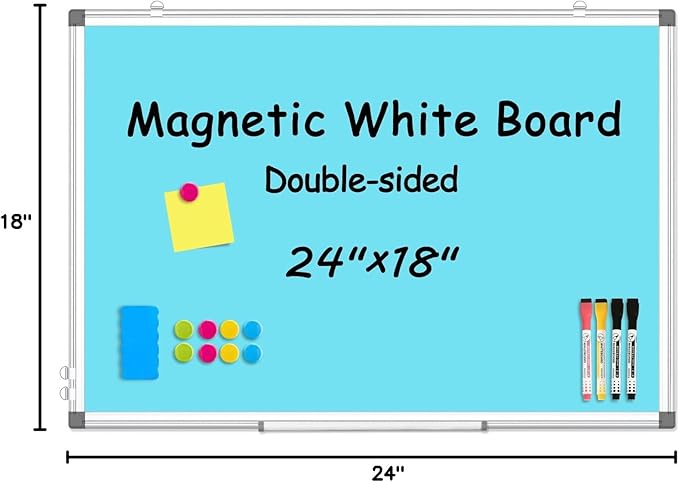 WALGLASS Magnetic Whiteboard 24"x18" Dry Erase White Board for Walls with Pen Tray, Aluminium Frame and Dry-Wipe Writing Surface for School, Home, and Office (Blue)