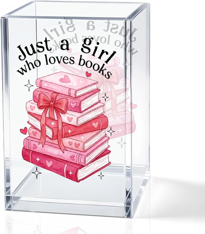 Just A Girl Who Loves Books Acrylic Pencil Holder Cup, Funny Floral Books Desk Organizer for Book Lover Bookish Bookworms Readers, Women Empowerment Gifts for Daughter Girls Sister BFF (Red)