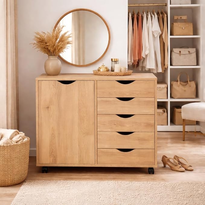 Naomi Home Wooden 5 Drawer Dresser with Cabinet Shelves and Wheels, Drawer Dresser for Bedroom Closet and Dressing Room Storage in Natural