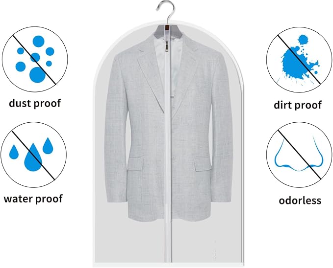MsKitchen 12 Pack Garment Bags for Hanging Clothes (24x48") - Dustproof Suit Bags - Durable PEVA Dress Covers with Sturdy Zipper for Coats, Jackets, Pants & Uniforms (Translucent)