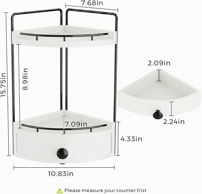 2-Tier Corner Bathroom Counter Organizer with Drawer, White | Embedded Screw Holes, Wooden Countertop Organizers, Space-Saving, Bottom Ventilation Design, Counter Shelf for Vanity