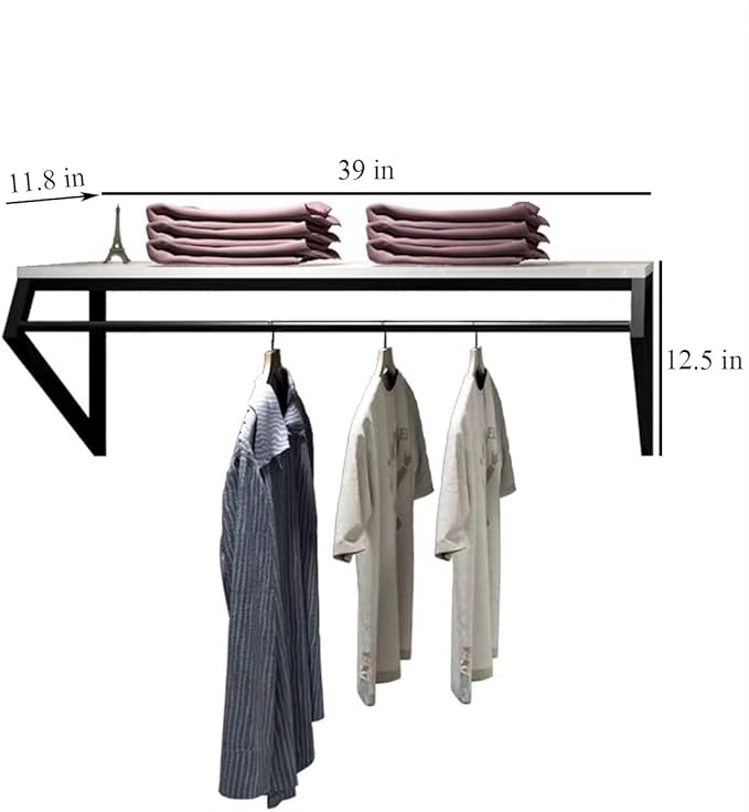 Modern Simple Men's and Women's Clothing Store Heavy Duty Metal Display Stand,Wall-Mounted Garment Rack with Wood,Clothes Rail,Bathroom Hanging Towel Rack (Black Square Tube, B-39 L)