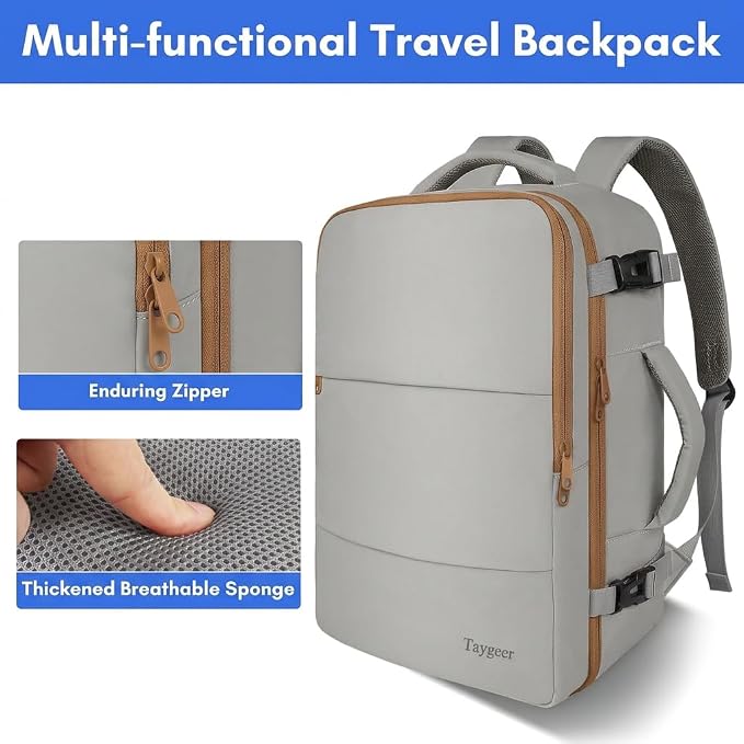 Taygeer Carry On Backpack for Men Women, Laptop Bag 17.3" Flight Approved | Travel Backpack with Water Bottle Pocket & Shoe Pouch, College Teacher Tote Bag for Business Travel, Dark Brown Khaki