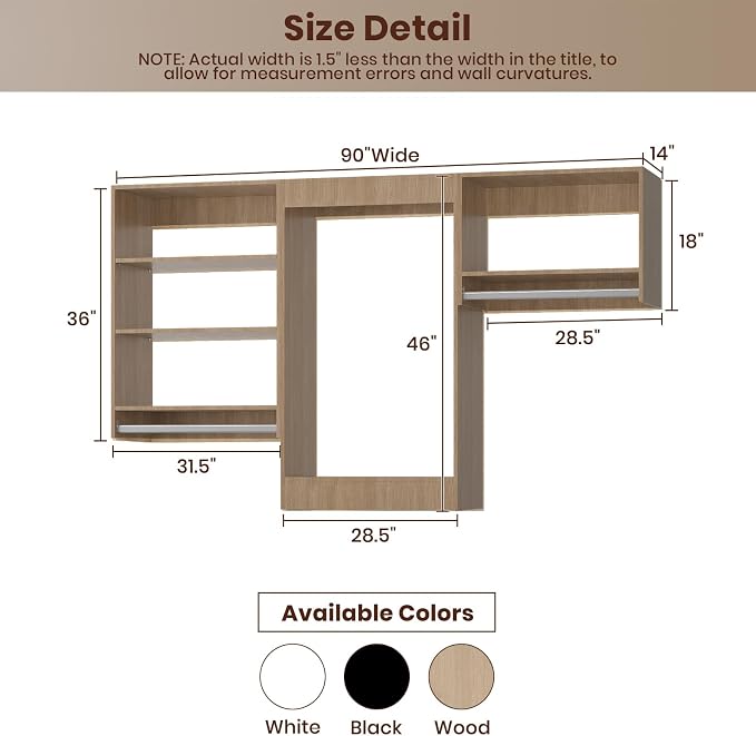 ROOMTEC Modular Closet System, 90" Closet Organizer with Hanging Rods, Wall-Mounted Wooden Tower for Walk-In Closets, Wardrobe Storage Kit, Wood