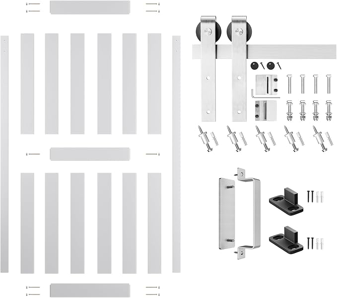 42''x96'' Sliding Barn Door with 7 Ft Brushed Nickel Hardware Kit | Pre-Drilled Holes Easy Assembly - Include Installation Manual, Water-Proof PVC Surface, H-Frame, White