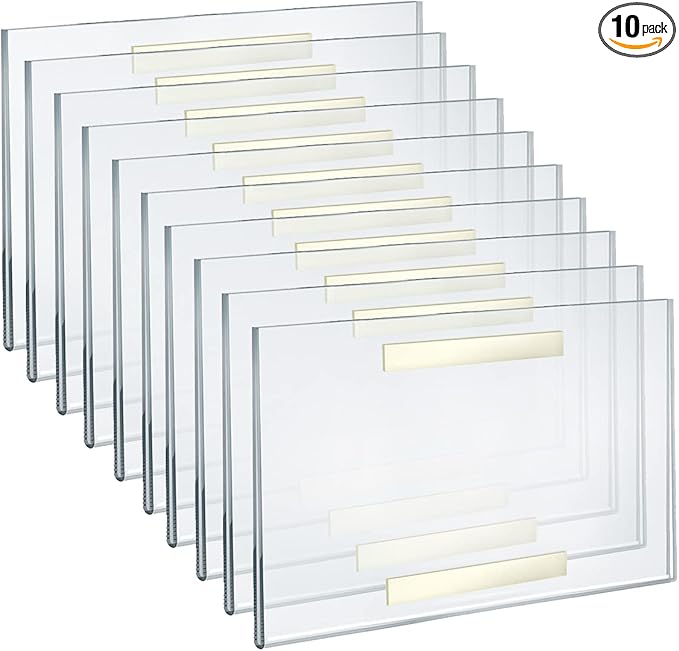 Azar Displays 122017 Self Adhesive Tape Clear Acrylic Wall Sign Holder Frame 11" W x 7" H - Landscape/Horizontal, 10-Pack