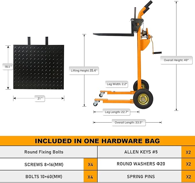 Tory Carrier Material Lift Winch Stacker, 440 lbs Capacity Pallet Stacker, 35.4" Lifting Height, Pallet Truck Dolly, Swivel Casters Lift Table Cart, Forklift with Steel Platform(Yellow)