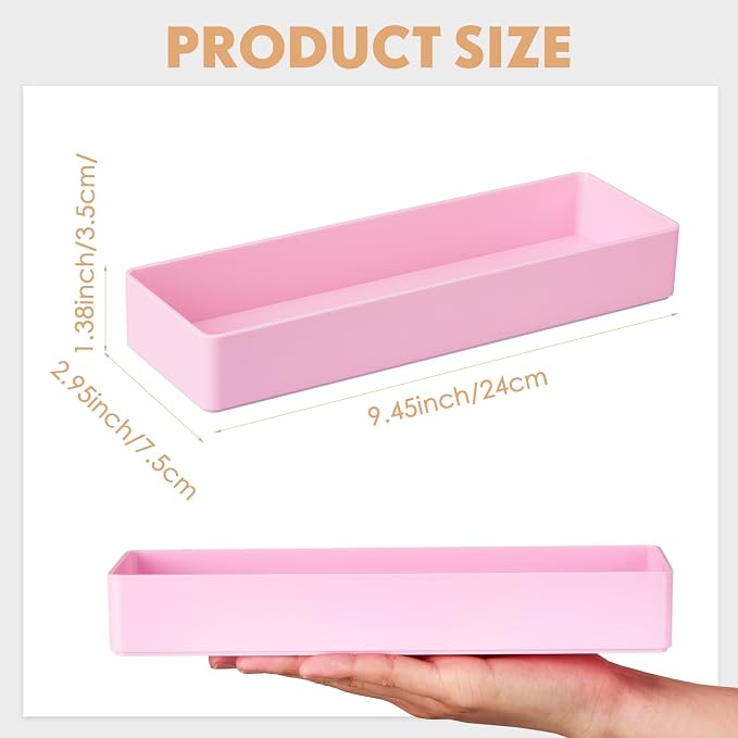 Teling 6 Pcs Pink Plastic Desk Organizer Tray Shallow Drawer Pencil Tray Tabletop Organizer for Office, Home, or Study 9.45x2.95x1.38 Inch
