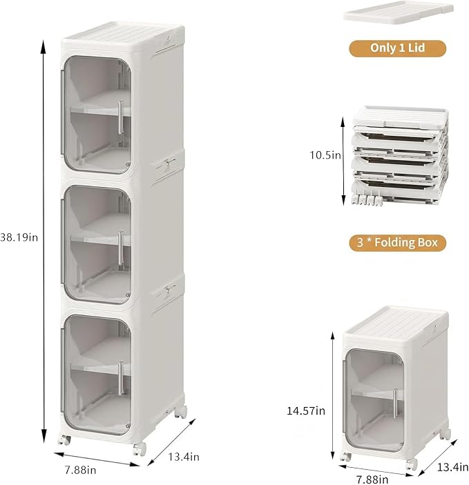 3-Tier Slim Bathroom Narrow Storage Cabinet with Wheels, White | Tool Free Assembly, Adjustable Shelves, Fits for Narrow Spaces, Reinforced Stability, Magnetic Clear Door