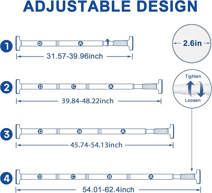 Tension Curtain Rod 32-62Inch White Shower Rod Tension Rod Adjustable Curtain Rods no Drilling Tension Rod for Bathroom,Windows,Closets,Doorway