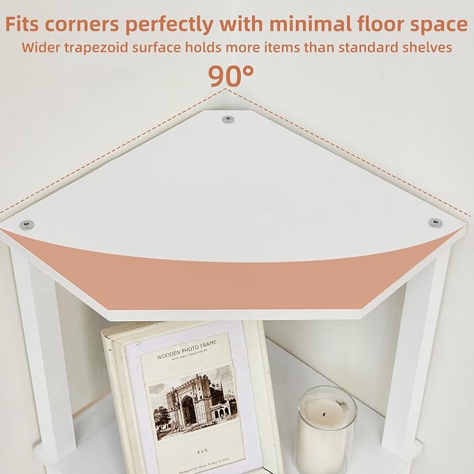 YUFAM 4-Tier Corner Shelf with Sturdy 5-Leg Base, Wooden Corner Bookshelf for Small Spaces, Corner Standing Shelf for Living Room, Bedroom, Office, White
