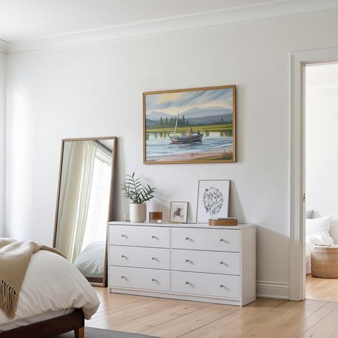 Furnifact White 6 Drawer Double Dresser – Modern Bedroom Storage Organizer with Pewter Knobs, Smooth Glide Drawers, Scandinavian Style, Engineered Wood