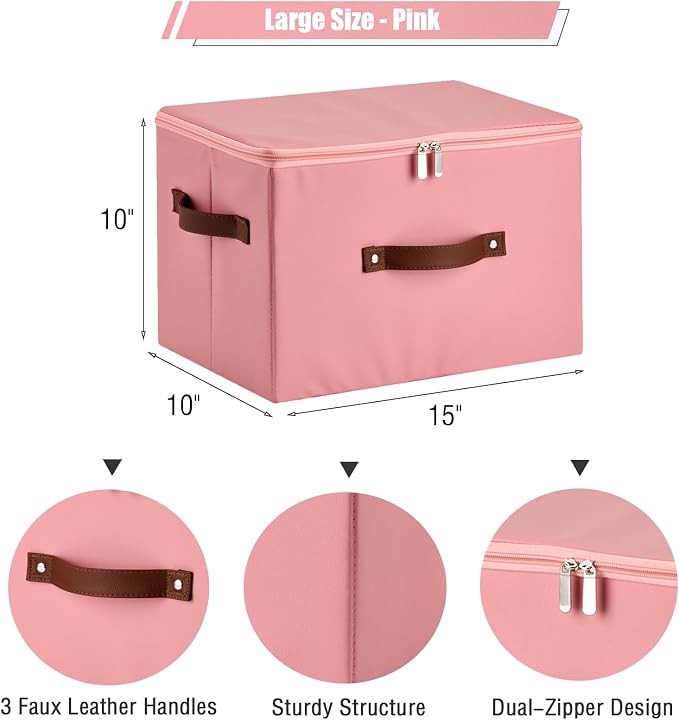 2PCS Storage Bins with Zipper Lid PU leather Storage Boxes Leather Fabric Collapsible Lidded Baskets Cube with Handle Decorative Shelves Closet Office Organizer Container(Pink, Large Size)