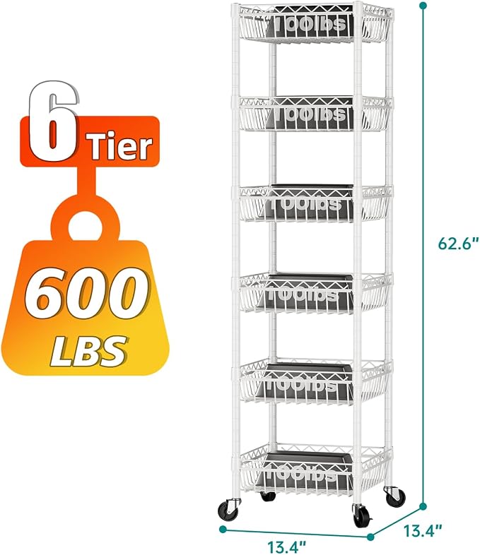 SINGAYE 6 Tier Shelf Wire Shelving Adjustable Storage Shelves Basket Rack | Adjustable Shelves with Wheels Metal Storage Unit Closet Bathroom Organizers Pantry Kitchen Garage Laundry Room White