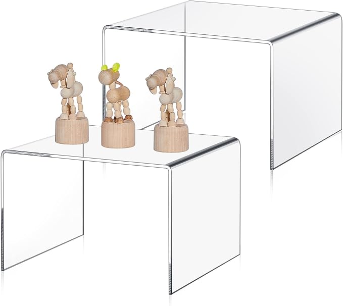 RattanView 2 Pcs 9 Inch Large Acrylic Risers Display Stands 5 mm Thick Acrylic Shelf Riser Showcase for Collectibles Jewelry Cupcakes Food Figures Perfume Cabinet (Clear)