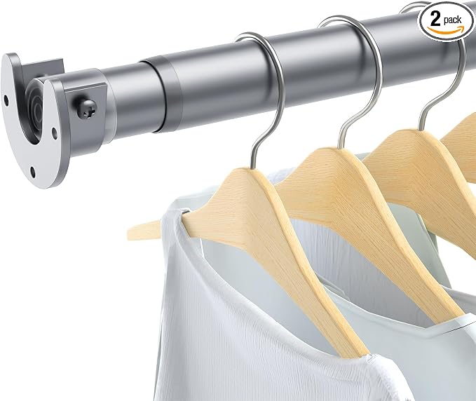 2 Pack Closet Rods for Hanging Clothes, 17 to 29 Inch Heavy Duty Stepless Adjustable Closet Hanging Rod, 1.3 Inch Diameter Metal Closet Rod for Wardrobes Laundry Bedroom RV, Silver