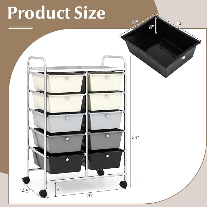 COSTWAY 10 Drawer Rolling Storage Cart, Utility Cart with Lockable Wheels | Mobile Art Supply Craft Organizer with Metal Frame, Multipurpose Drawer Cart for Paper for Office, School, Gray Gradient