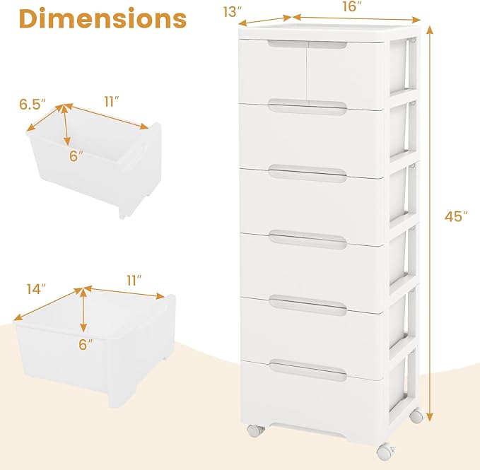 LOKO 7-Drawer Plastic Rolling Storage Cart (16"x13"x45") | Mobile Storage Cabinet | Vertical Storage Tower Container Unit | 4 Universal Wheels | For Living Room, Home Office