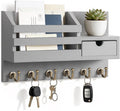 FifthQuarter Key and Mail Holder for Wall, Mail Organizer Wall Mount with 6 Hooks and Storage Drawer, Easy Installation Key Rack for Entryway and Home Decor (A-Grey)