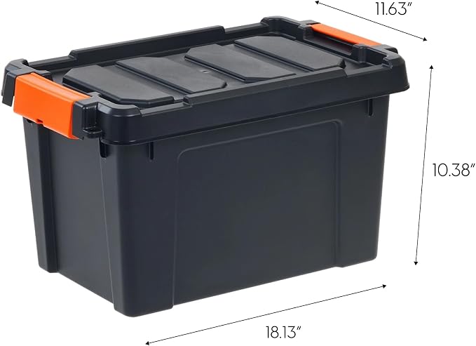 5 Gal Storage Bin 4-Pack, Stackable Plastic Tote with Latching Lid, Black | 5Gal Capacity, Secure Latching Lid, Heavy-Duty Plastic, Reinforced Handles, Stackable Design, Garage/Workshop Use