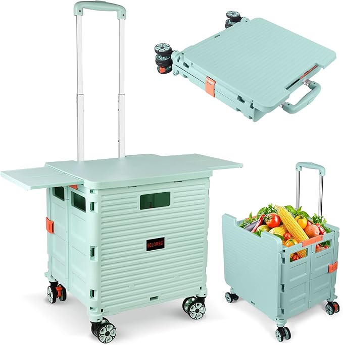 Foldable Utility Cart Collapsible Portable Crate Rolling Carts with Wheels Tote Basket with Magnetic Lid Telescopic Cover Wear-Resistant 360°Rotate Wheel Noiseless for Shopping Storage Office Use