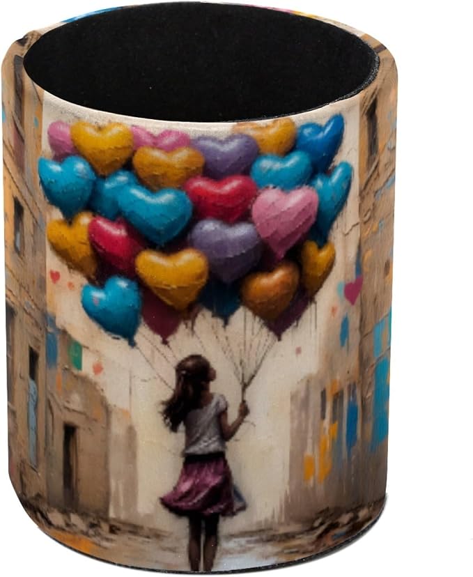 Watercolor Girl and Balloons Pen Holder Pencil Organizer for Desk, 3.1” x 3.1” x 3.9” Pencil Cup Office Supplies, Large Capacity Cute Pen and Makeup Brush Holder for Home, School, Desktop