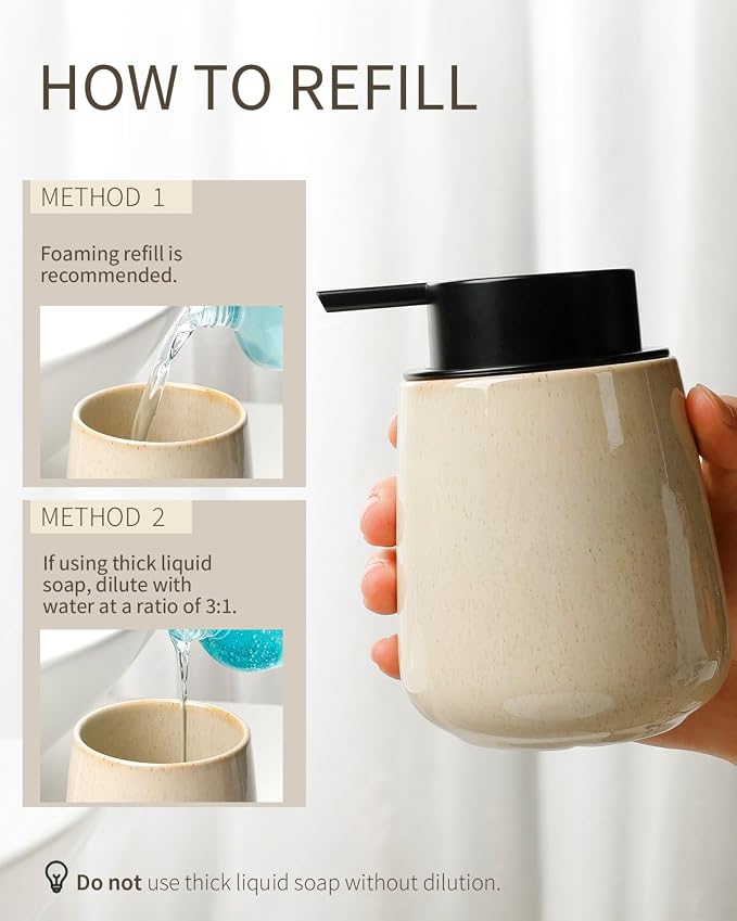 Bosilunlife 12Oz Ceramic Foam Soap Dispenser for Bathroom Kitchen Counter | Premium countertop foam pump creates delicate dense foam, stable desktop placement, Greige with Speckle