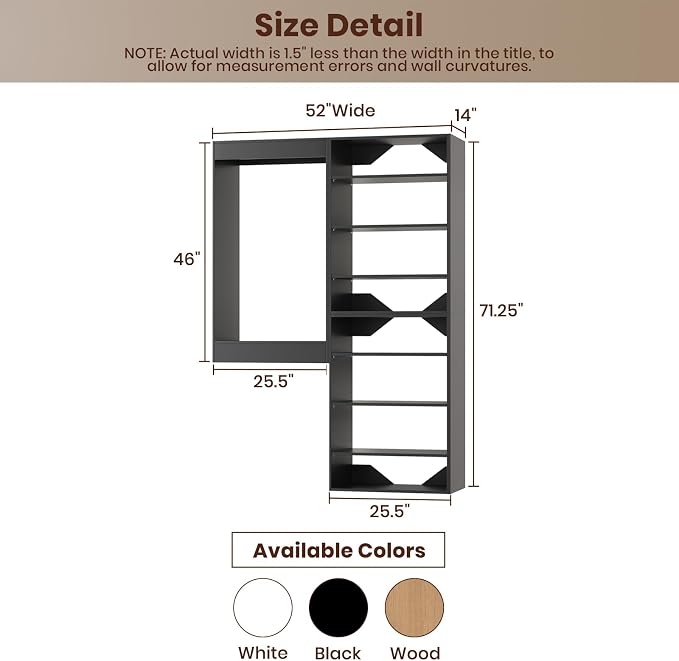 ROOMTEC Modular Closet System, 52" Wall-Mounted Closet Organizer with Hanging Rods and Shelves, Wooden Tower for Walk-In Closets, Wardrobe Storage Kit, Black