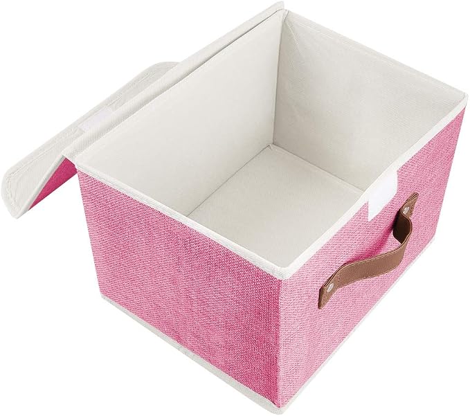 2Pack Storage Bins Boxes with Lids 10" x 8" x 7" Decorative Storage Baskets | Cotton Linen Fabric, Collapsible, Faux Leather Handles, Storage Cubes, Closet Shelf Clothes Organizer Container, Pink
