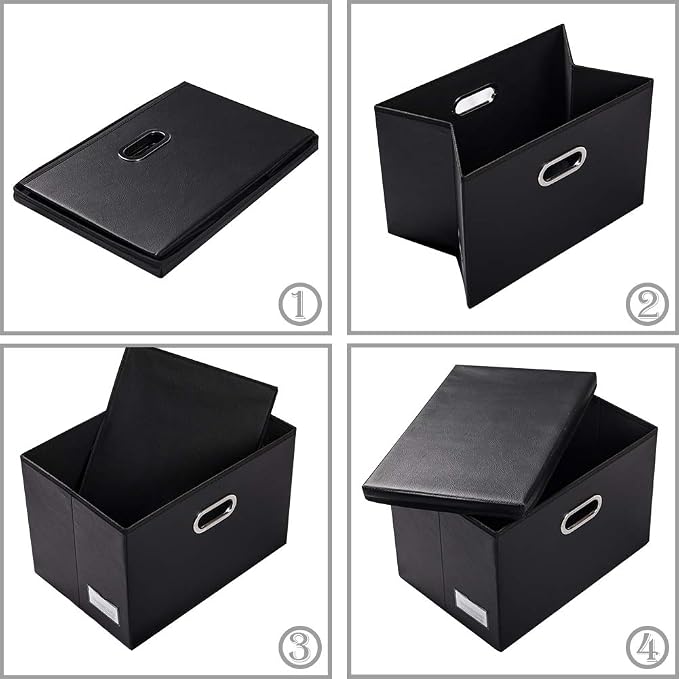PRANDOM Large Foldable Storage Bins with Lids [3-Pack] Leather Fabric Collapsible Storage Boxes Organizer Containers Baskets Cube with Cover for Home Bedroom Closet Office Black(17.7x11.8x11.8)
