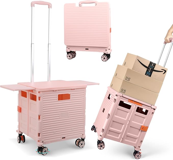 Foldable Utility Cart Folding Portable Rolling Crate with Magnetic Extended Lid,360°Rotate Wheels,176LBS Load Capacity,Heavy Duty Durable Dolly Cart for Teacher Tourist Shopping Office Outdoor