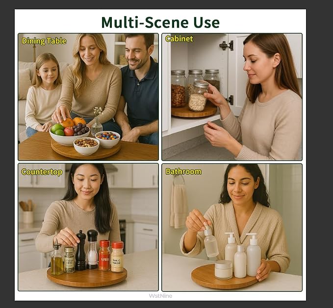 11'' Bamboo Wood Lazy Susan Organizer, Lazy Susan for Cabinet Table Top Countertop Pantry Kitchen Spice Rack, Deep Carbonized Bamboo, Turntable Organizer, Large Spin Base, Rotating Tray No Slip