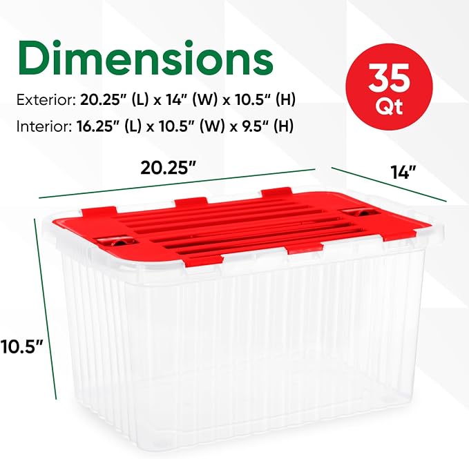 Superio Red Storage Box with Red Hinged Lids, Plastic Container Bins for Organizing with Attached Lid, Stackable Crates, BPA Free, Organizers for Home and Office, 35 Quart (20.25"x14"x10.5")