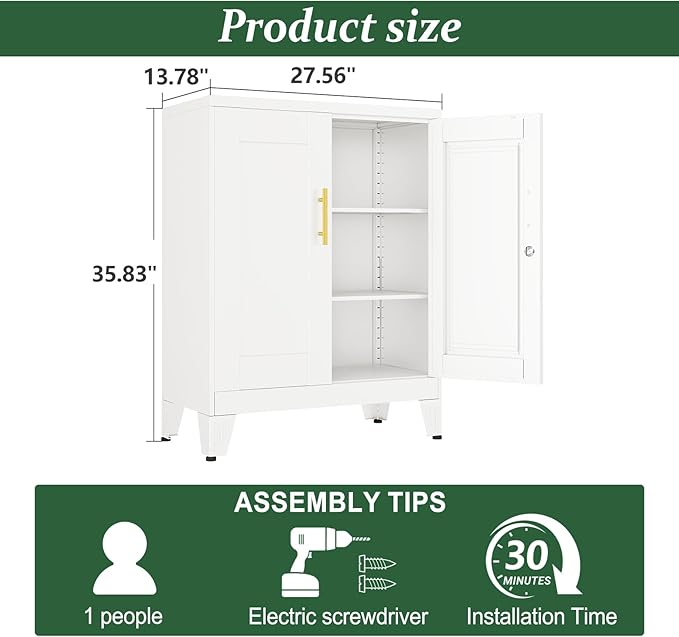 White Metal Storage Cabinet, 36" Tall Locking Storage Cabinet with 2 Adjustable Shelves, Steel Locker Organizer, for Office, Home, School, 2PS