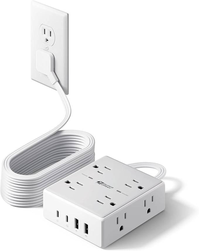 SUPERDANNY Extension Cord,Flat Plug Surge Protector Power Strip,15Ft | 8 AC & 4 USB Ports (2 USB C),Surge Protector with 1050J,Desk Charging Station for Home Office,College Dorm Room Essentials