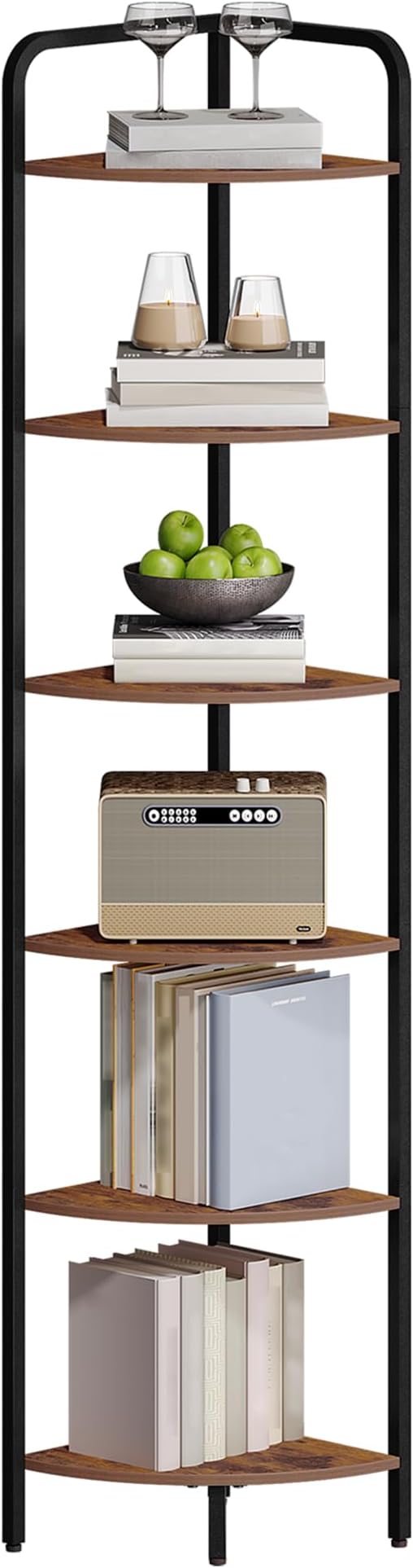 Hzuaneri Corner Shelf Stand Corner Bookshelf Standing Shelf Plant Shelf | Corner Display Rack with Metal Frame for Living Room, Bathroom, Kitchen, Industrial Style, 6 Tier Rustic Brown CS06601B