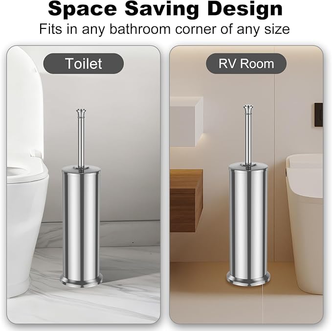 Silver Toilet Brush and Holder，Long Handled Gold Toilet Brush for Bathroom，Stainless Steel Heavy Duty Toilet Bowl Brush,Removable Inner Bowl,Deep Cleaning Dense Bristles Cleaner Brush -Space Saving